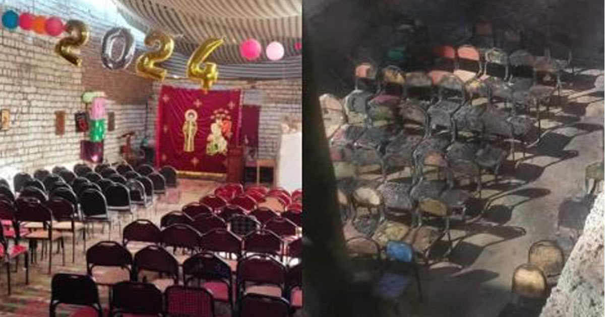 Two images of a room full of chairs. In the first, the chairs are neatly arranged. In the second, the chairs and interior of the building are burned.