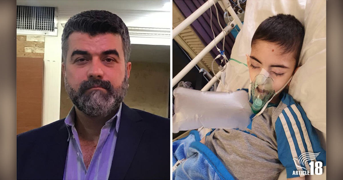 Two images; Yasser on the left, and his son, Amir-Ali, in a bed with an oxygen mask.