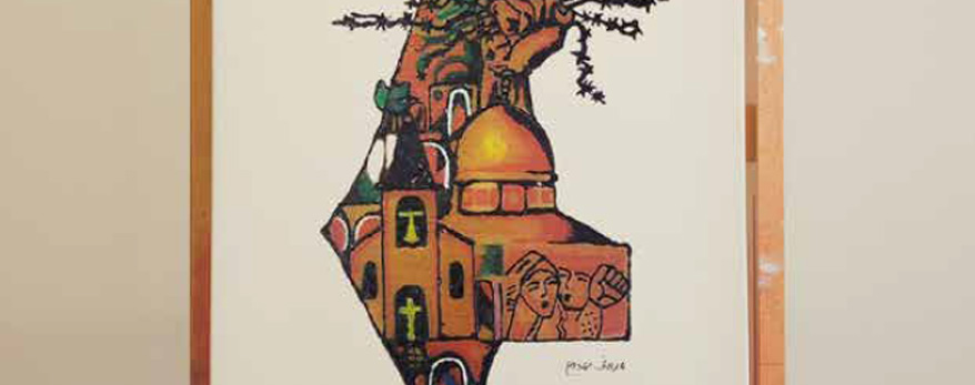 A painting of the Holy Land map with illustrations of scenes in the region.