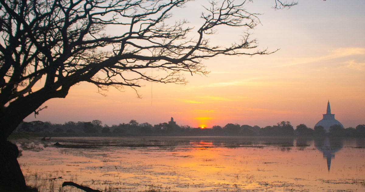 Scenic view of Anuradhapura District; lake in the foreground, town in the distance