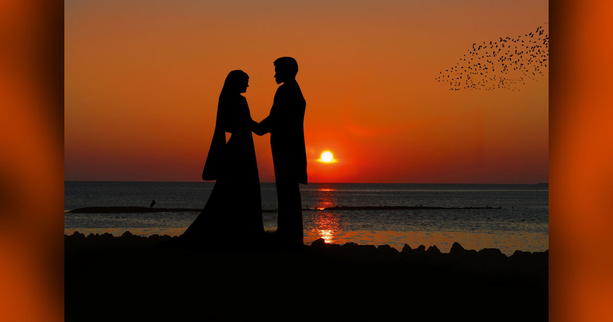 Wedding couple at sunset